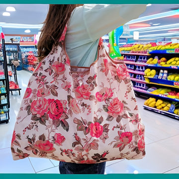 1 Bolsa de Compras Grande con Estampado Floral de Nailon - Duradera, Lavable, Plegable con Bordes Marrones, Bolso de Supermercado Reutilizable Adecuado para Compras de Alta Calidad