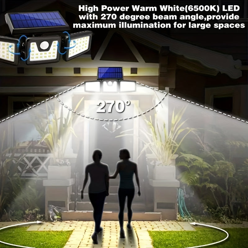 Luz solar de pared con 3 cabezas y 74 LED, ajustable, con sensor de movimiento, IPX4, para exteriores, hogar, jardín, patio, energía solar con batería, luces solares para exteriores, iluminación de patio, iluminación moderna, iluminación duradera.