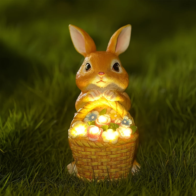 Luz solar, luz de decoración de Pascua, luz solar de conejo, luz de bienvenida de conejo, decoración de jardín al aire libre, luz decorativa solar, panel solar, cesta de flores para el hogar.