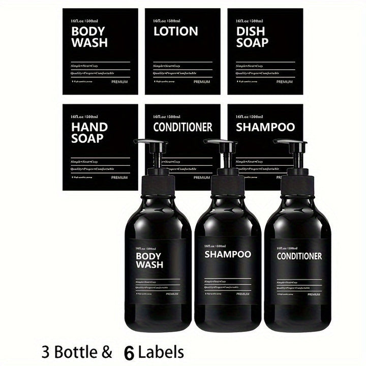 3pcs Botella Redonda de 500ml para Aceites Esenciales y Jabón en Gel, Dispensadores de Plástico con Etiquetas Removibles (Gel de Ducha, Loción, Jabón para Manos, Acondicionador) - Incluye 6 Etiquetas