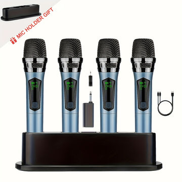 4 Piezas Sistema de Micrófono Dinámico sin varillas con Batería Recargable y Soporte de Escritorio, Adaptador 3.5mm para Canto, Bodas, Fiestas y Enseñanza