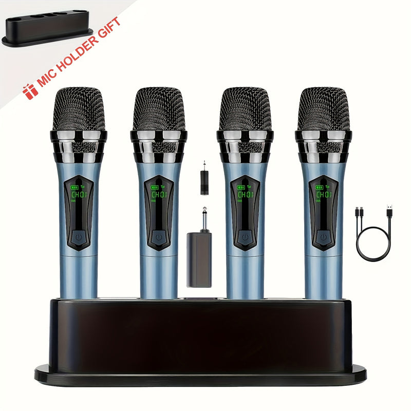 4 Piezas Sistema de Micrófono Dinámico sin varillas con Batería Recargable y Soporte de Escritorio, Adaptador 3.5mm para Canto, Bodas, Fiestas y Enseñanza