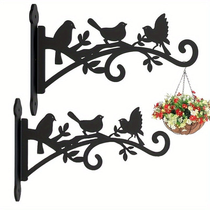 2 piezas de colgadores de plantas de metal negro con diseño de 3 pájaros y hojas - Ganchos de montaje en pared de alta resistencia para canastas de flores al aire libre, luces solares, comederos de pájaros - Instalación fácil, no se necesita batería, col
