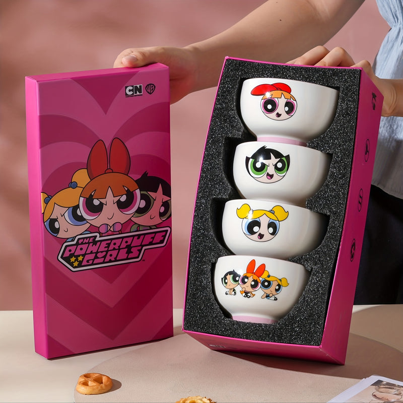 Juego de 4 Piezas de Vajilla Cerámica Serie Las Chicas Superpoderosas Warner Bros. – Caja Regalo Ideal para Cumpleaños o Navidad, Tazón de Arroz con Diseño Animado