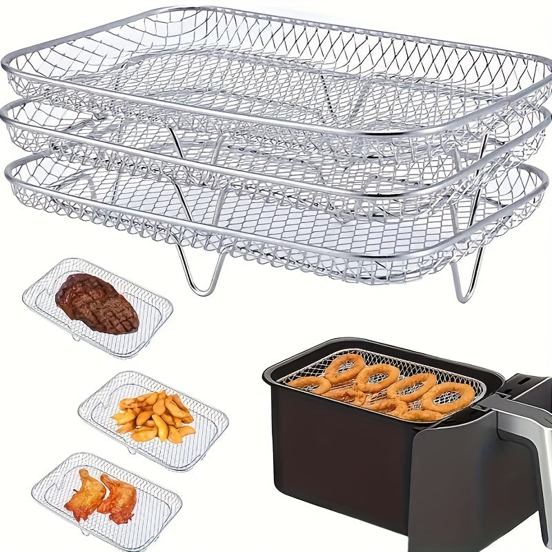 Parilla Cuadrada de Acero Inoxidable de 3 Niveles, Accesorio Multifuncional para Freidora de Aire, Apilable, Ideal para Hornear en Fiestas o Cocinar Delicias Caseras