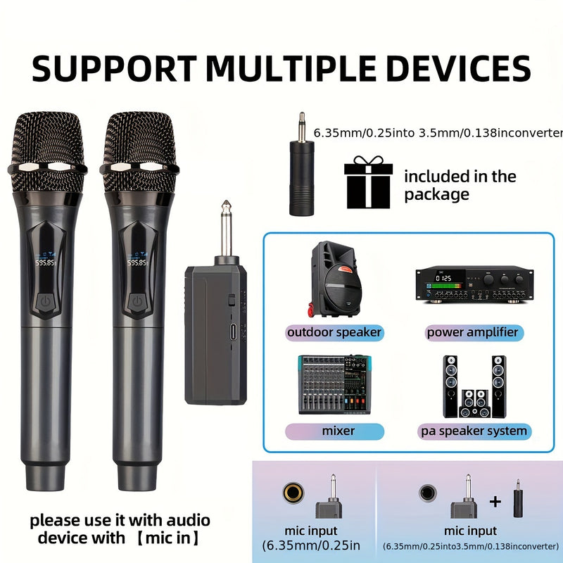 Sistema de Micrófono Inalámbrico de Alto Rendimiento con Batería Recargable - 1500mAh, Carga USB-C, Doble Micrófono de Mano para Karaoke, Bodas, DJs y Más