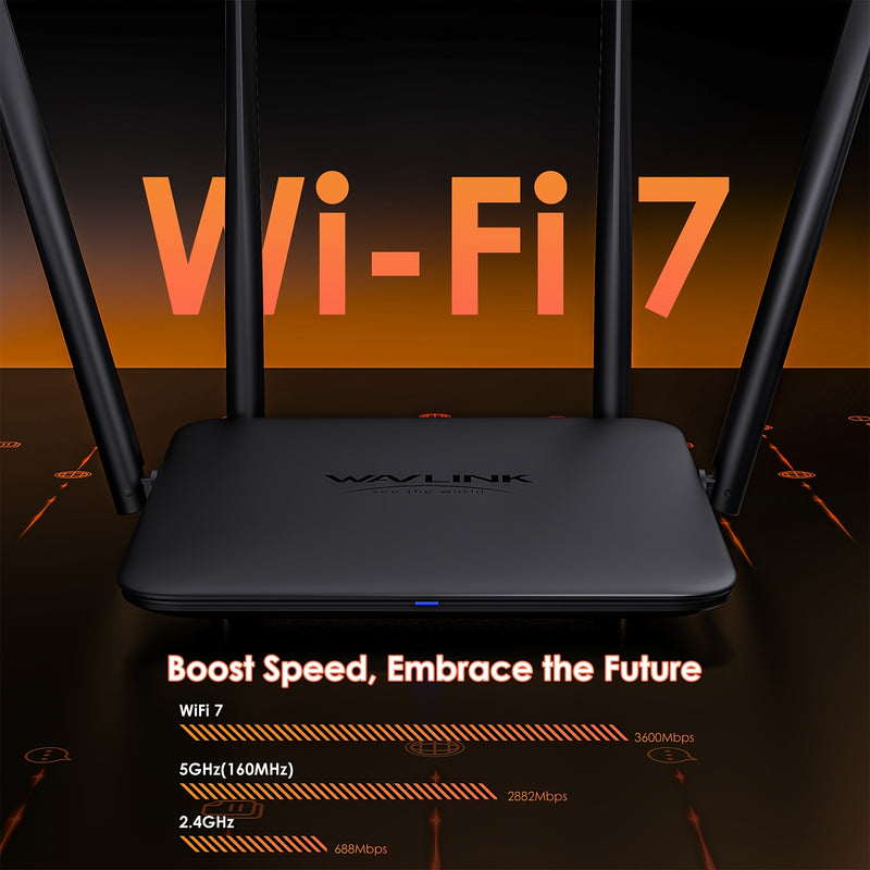 WAVLINK BE3600 Router Wi-Fi 7, Enrutador Dual Band para Juegos con MLO, Tecnología Multi-Rus, Modo EverythingMesh/Router/AP/Repetidor, WiFi Invitado, QoS y VPN Avanzada para Hogar
