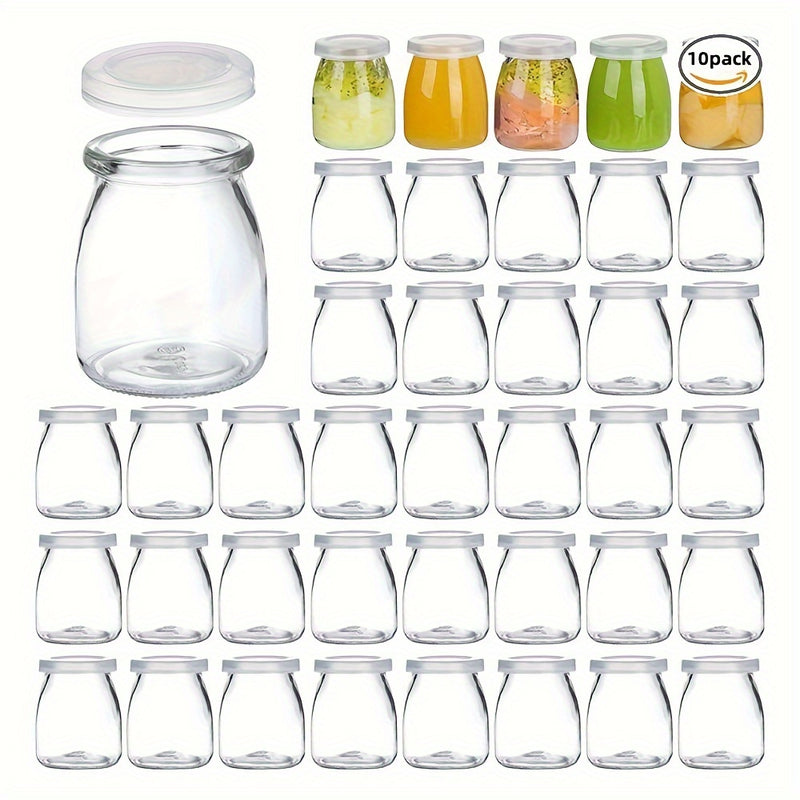 10pcs Tarros de Vidrio Transparentes de 4oz con Tapas de PE - Perfectos para Yogur, Pudín, Leche, Mermelada, Gelatina, Mousse y Miel - Contenedores Redondos Reutilizables para Almacenamiento en la Cocina del Hogar