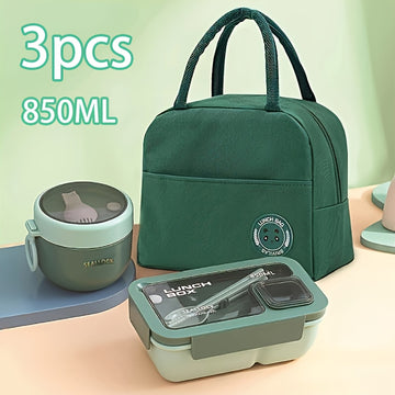 Juego de 3 Piezas de Lonchera con Tapa Antifugas y Bolsa Aislante, Contenedor Grande para Alimentos Portátil para Escuela, Oficina, Camping, Picnic o Cocina, Incluye Palillos y Cuchara, Ideal para Regalo