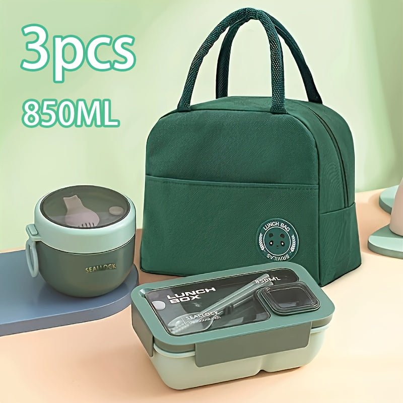 Juego de 3 Piezas de Lonchera con Tapa Antifugas y Bolsa Aislante, Contenedor Grande para Alimentos Portátil para Escuela, Oficina, Camping, Picnic o Cocina, Incluye Palillos y Cuchara, Ideal para Regalo