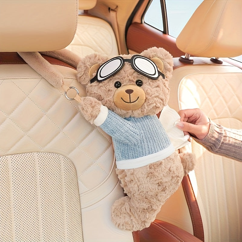 Soporte para Toallas de Papel con Respaldo de Asiento de Coche de Oso Lindo - Accesorio de Peluche Suave y Divertido con Ropa Azul de Trabajo y Gafas, Almacenamiento Colgante Multifuncional para Vehículos Ajustables, Organización del Vehículo | Diseño Ju