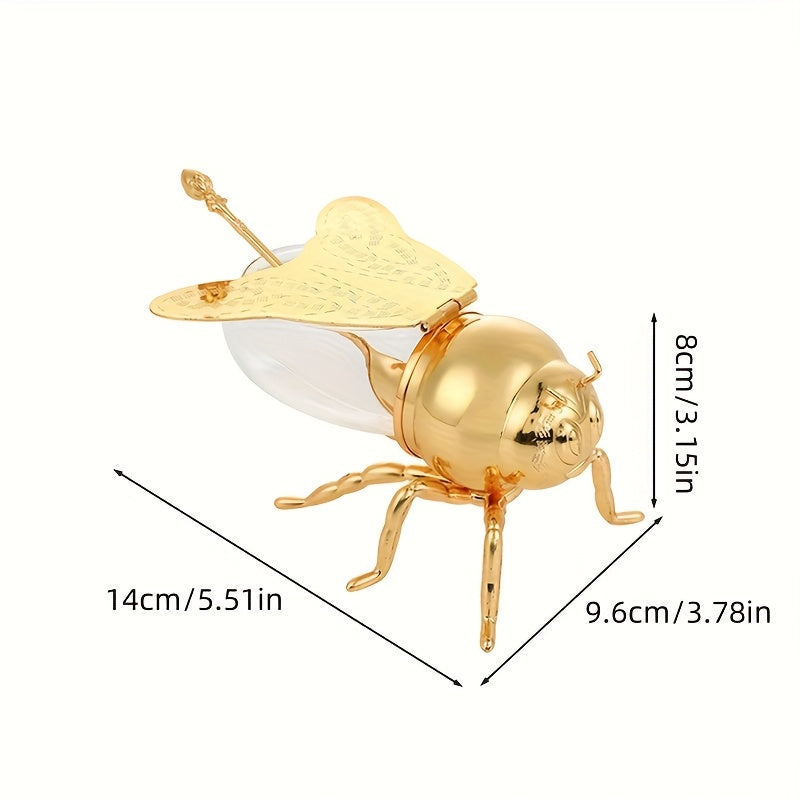 Tarro de Miel con Forma de Abeja Lujoso - Frasco Metálico Dorado y Vidrio con Tapa Articulada y Cuchara, Almacenamiento Decorativo para Miel, Especias, Azúcar, Té - Estilo Vintage para Mesa, 14x9.6x8 cm