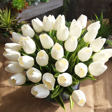 20 piezas de Tulipanes Artificiales Blancos Elegantes, con Hojas Verdes Luxuriantes, para Bodas, Compromisos, Decoración del Hogar
