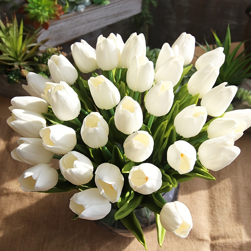 20 piezas de Tulipanes Artificiales Blancos Elegantes, con Hojas Verdes Luxuriantes, para Bodas, Compromisos, Decoración del Hogar