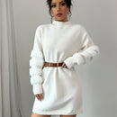 Vestido elegante de cuello alto para mujer, ajustado, midi, lavable a máquina, manga larga, color sólido, con puños acolchados, ideal para primavera/otoño, casual a semiformal, atuendo formal, estilo sofisticado, tejido con textura