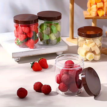 9 piezas de 16 onzas de frascos de plástico transparente con tapas marrones - Diseño con rosca y hermético para frutas secas, miel, nueces y más - Incluye etiquetas y bolígrafo, ideal para almacenamiento de cocina, accesorios para frascos de mason