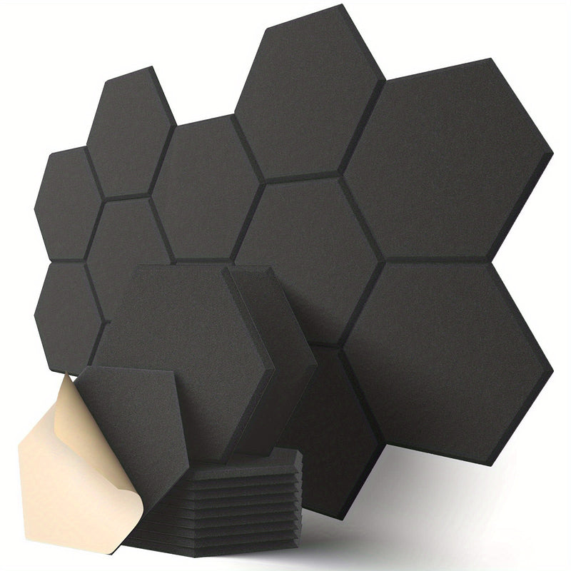 12 paneles de espuma acústica, 30.48 cm x 25.4 cm x 1.02 cm, diseño hexagonal elegante, autoadhesivos, retardantes de llama, reducen el ruido y eliminan ecos (NRC>0.9)