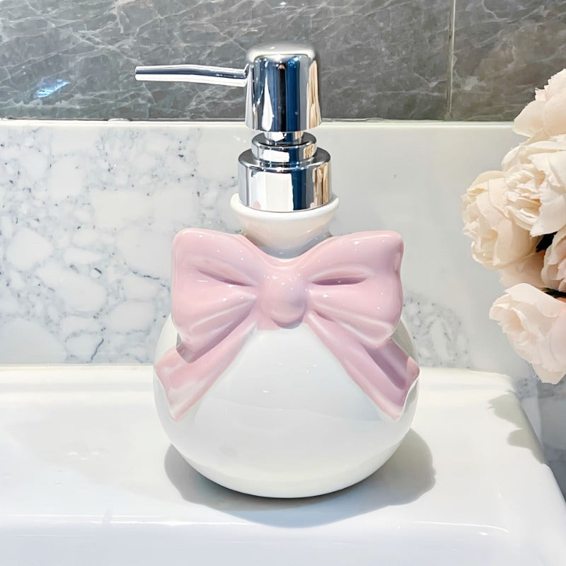 1pc Dispensador de Jabón Cerámico 350ml con Lazos Rosas - Botella Recargable para Champú, Gel de Ducha, Acondicionador y Loción - Decoración Elegante para Baño y Cocina, Accesorios para Hoteles y Hogar, Material Libre de Ftalatos