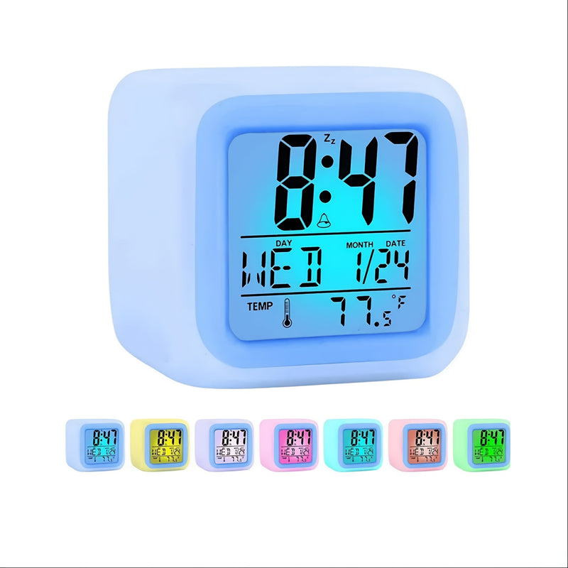 Reloj Despertador Digital LED de Colores con Visualización de Temperatura - Silencioso, Luminoso, Diseño Cuadrado, Pronóstico Meteorológico de 7 Días, Mostrador de Fecha y Hora, Funciona con Pilas AAA (Pilas No Incluidas), Relojes para Dormitorios