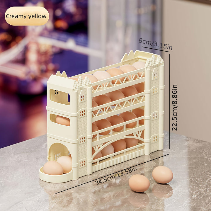 Soporte de huevos de plástico de 4 niveles con estilo moderno, ahorrador de espacio para refrigerador con diseño de rodado automático, adecuado para refrigerador, cocina, armario y mesa de comedor.