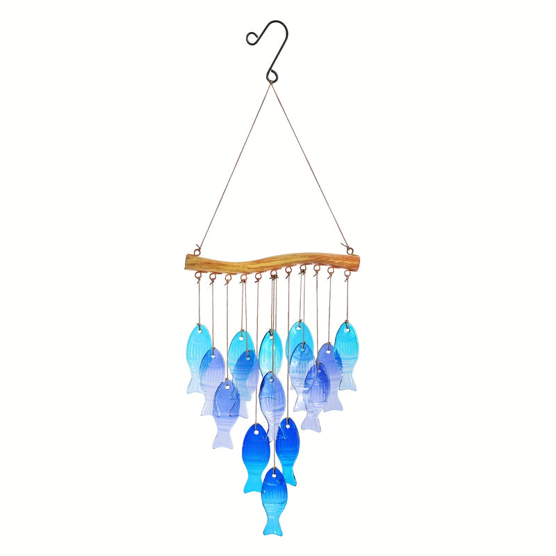 Campanilla de Viento de Pescado de Vidrio Azul Hecha a Mano - Gran Decoración Colgante para Exteriores/Interiores con Pez Esférico Vibrante, Sin Necesidad de Electricidad para Jardín, Patio, Fiestas en la Playa, Bodas y Festividades (Halloween, Navidad,