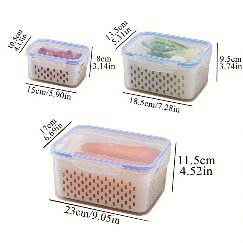 Juego de 9 contenedores de almacenamiento de alimentos de plástico sin BPA con cestas de drenaje y tapas - A prueba de fugas, aptos para congelador, organizadores de cocina multiusos reutilizables para frutas, verduras y alimentos.