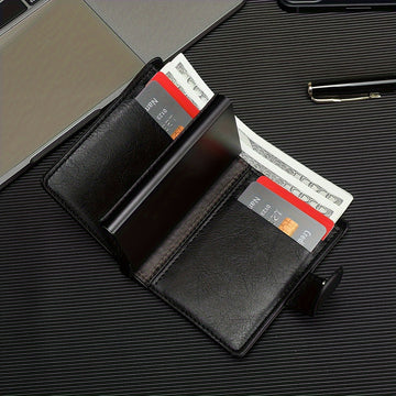 Cartera de Cuero PU Negra para Hombre CarrKen - Estilo Elegante de Negocios con Cierre Seguro a Presión, Gran Capacidad y Múltiples Ranuras para Tarjetas - Regalo Ideal para el Profesional Moderno