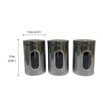 Tarros de Almacenamiento para Cocina, 3 Piezas en Acero Inoxidable con Ventana Transparente - Ideales para Café, Té y Granos - Organizador Redondo Reutilizable con Tapas Abatibles | Solución de Almacenaje Moderna | Utensilios de Cocina Duraderos