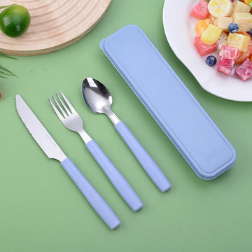 3 piezas de juego de cubiertos de viaje portátil de acero inoxidable, incluyendo cuchillo, tenedor, cuchara - Perfecto para oficina, escuela, picnic, camping y actividades al aire libre - Más adecuado para estudiantes y amigos pequeños con almacenamiento