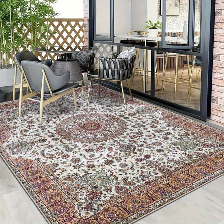 Alfombra de Lujo Seven Deer - Base Antideslizante, Beige/Blanco/Rojo/Gris/, Alfombra Grande para Sala, Patio o Juego - Fácil Limpieza Interior/Exterior, Diseño Floral, Textura Suave, Decoración Elegante para el Hogar