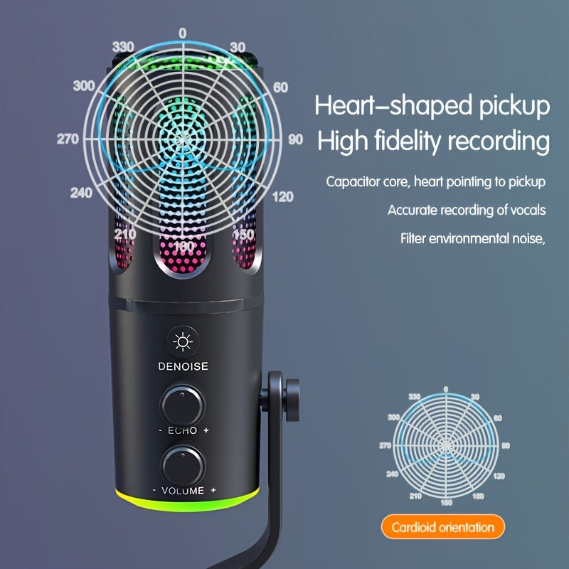Micrófono SU8 con reducción de ruido, iluminación RGB, efecto de audio reverberante, interfaz USB Type-C para juegos y canto, equipo de audio para juegos | Micrófono moderno | Micrófono alimentado por USB
