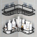 Organizador de baño de acero inoxidable negro resistente al óxido, con 2 repisas para champú, tónico y cosméticos, montaje en pared sin necesidad de taladrar