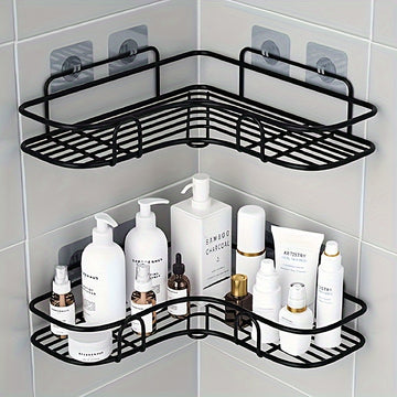 Organizador de baño de acero inoxidable negro resistente al óxido, con 2 repisas para champú, tónico y cosméticos, montaje en pared sin necesidad de taladrar