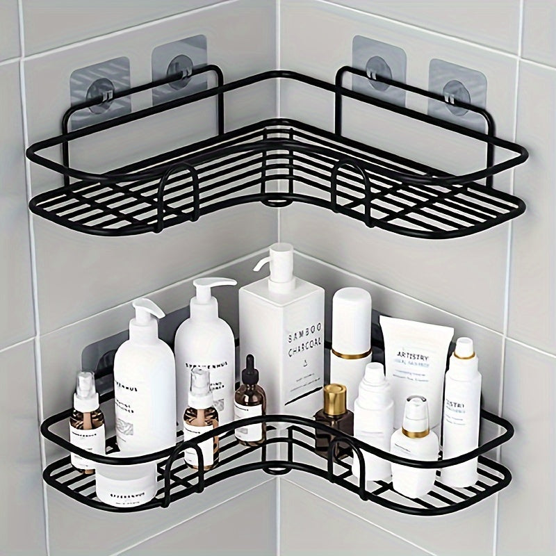 Organizador de baño de acero inoxidable negro resistente al óxido, con 2 repisas para champú, tónico y cosméticos, montaje en pared sin necesidad de taladrar