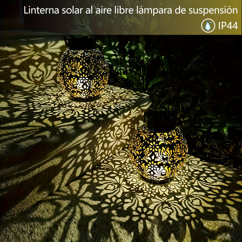 Linternas solares colgantes, luces solares de mesa con asa, faroles marroquíes LED con energía solar, luces decorativas de jardín de metal, luces solares decorativas para exteriores, luces navideñas decorativas para jardín, césped, porche, patio y mesa
