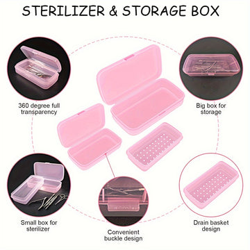 Caja de esterilización de herramientas de uñas, bandeja de esterilización transparente de plástico rosa, caja de almacenamiento de pinzas, caja de pinzas de uñas para salón de belleza y spa, máquina de corte de manicura