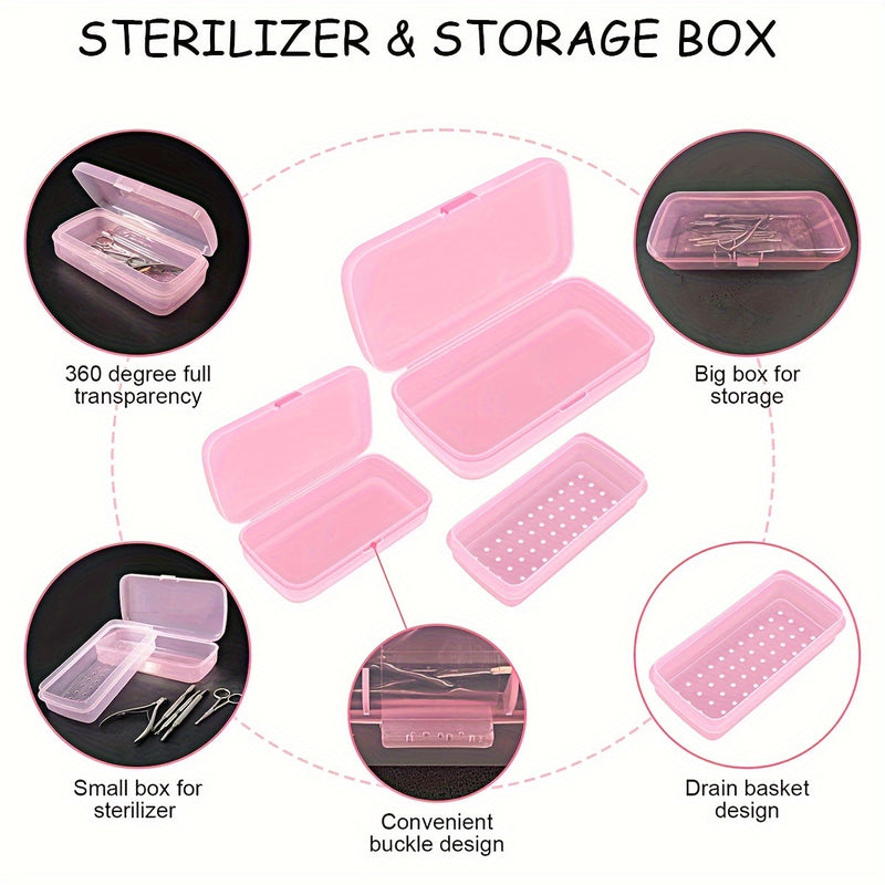 Caja de esterilización de herramientas de uñas, bandeja de esterilización transparente de plástico rosa, caja de almacenamiento de pinzas, caja de pinzas de uñas para salón de belleza y spa, máquina de corte de manicura