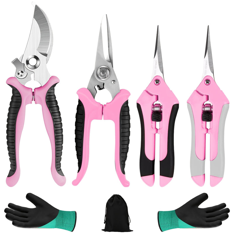 Juego de herramientas de podar manual con cuchillas de acero inoxidable, tijeras de jardinería profesionales rosadas para podar flores y jardinaje (4 piezas)