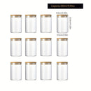 Un conjunto de doce frascos redondos transparentes con tapas de bambú, fabricados con vidrio de borosilicato de alta calidad, adecuados para almacenar granos, frijoles de café y hojas de té, con capacidades de 210 ml, 280 ml y 340 ml.