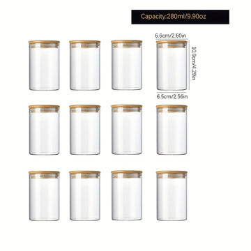 Un conjunto de doce frascos redondos transparentes con tapas de bambú, fabricados con vidrio de borosilicato de alta calidad, adecuados para almacenar granos, frijoles de café y hojas de té, con capacidades de 210 ml, 280 ml y 340 ml.
