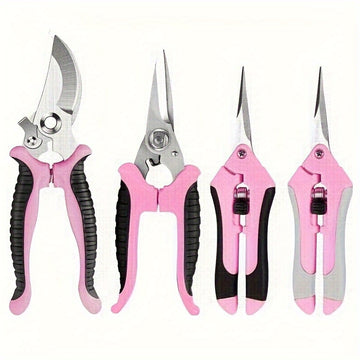 Juego de 4 Tijeras de Poda Profesionales Rosas - Tijeras de Jardinería de Acero Inoxidable para Flores/Ramas, Kit Multiusos Manual