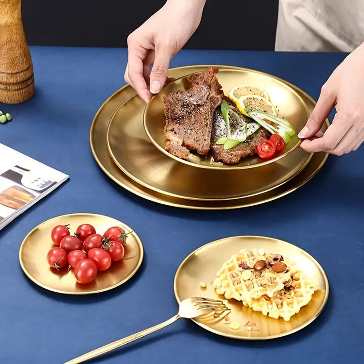 6 platos de acero inoxidable, plato dorado para ensaladas, plato para BBQ coreana, plato principal occidental, plato para bocadillos y postres, ideal para restaurantes y uso en casa, bandeja multifuncional para snacks y plato para huesos