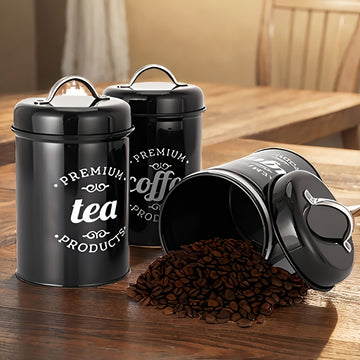 3 recipientes de almacenamiento para té, café, azúcar y cocina, color negro