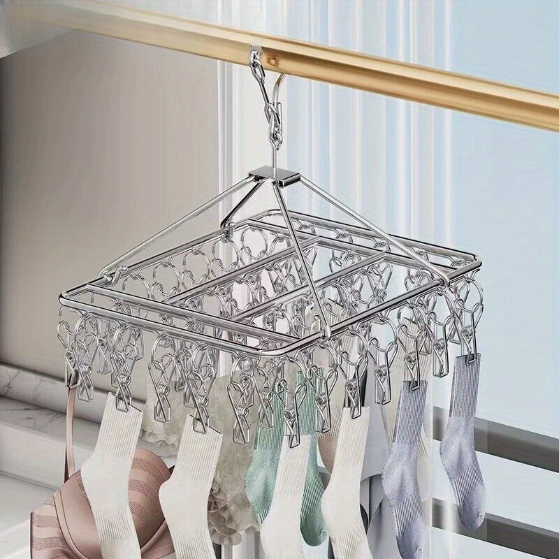 Organizador colgante de acero inoxidable resistente al viento con 20 clips, ideal para secar calcetines, ropa interior y calcetines navideños. Ahorro de espacio para colgar ropa y solución de secado, adecuada para el hogar y el dormitorio, estantes de se