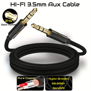 Cable Auxiliar de 3.5mm Chapado en Oro Premium - Trenzado de Nylon, Funda Metálica, Cobre 4N, Doble Blindaje para Baja Resistencia - Ideal para Audio de Coche, Altavoces, Reproductores de CD, MP3, para MacBook y Amplificadores