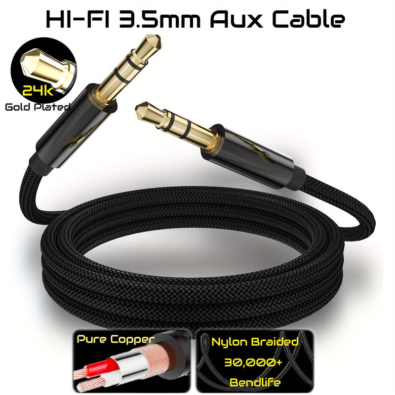 Cable Auxiliar de 3.5mm Chapado en Oro Premium - Trenzado de Nylon, Funda Metálica, Cobre 4N, Doble Blindaje para Baja Resistencia - Ideal para Audio de Coche, Altavoces, Reproductores de CD, MP3, para MacBook y Amplificadores