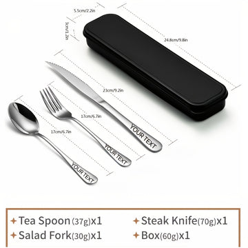 Juego de cubiertos de viaje personalizado de 4 piezas de acero inoxidable, cuchillo, tenedor, cuchara, con juego de cubiertos portátil, juego de cubiertos reutilizables de acero inoxidable, adecuado para acampar, hacer picnic, hacer senderismo, oficina,