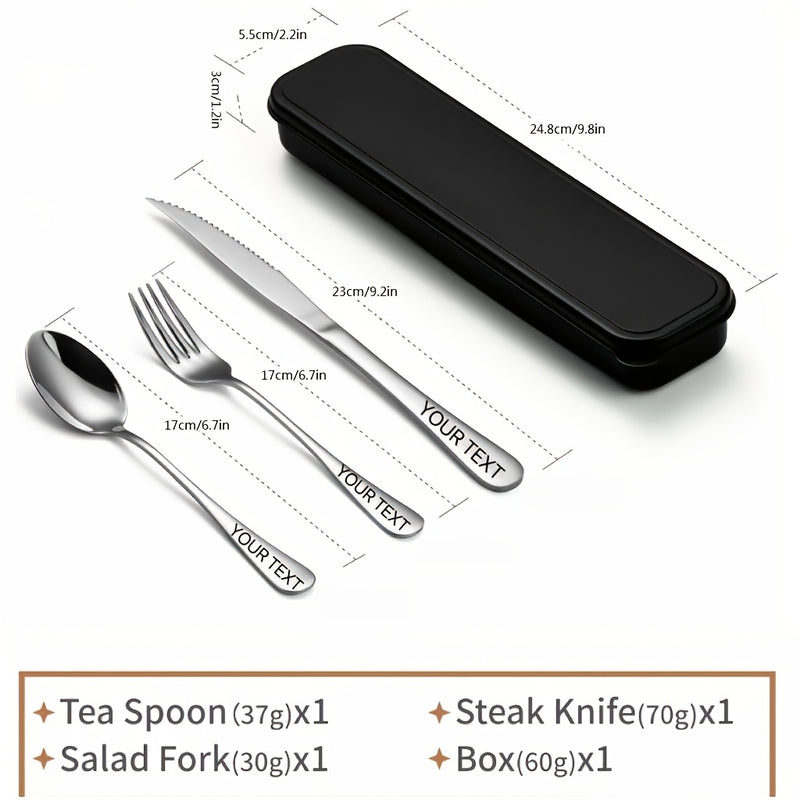 Juego de cubiertos de viaje personalizado de 4 piezas de acero inoxidable, cuchillo, tenedor, cuchara, con juego de cubiertos portátil, juego de cubiertos reutilizables de acero inoxidable, adecuado para acampar, hacer picnic, hacer senderismo, oficina,