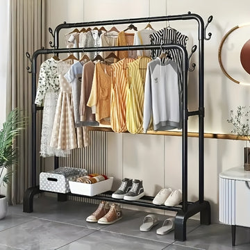 1pc Perchero clásico de doble varilla, gran capacidad de hierro y plástico, de pie con estantes para abrigos, sombreros, zapatos - Ideal para dormitorio, balcón, almacenamiento de baño - Fácil autoensamblaje, perchero autoensamblado | Elegante acabado ne