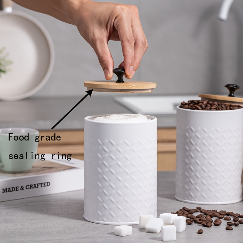 Juego de 3 contenedores metálicos herméticos, jarras de almacenamiento redondas blancas con tapas de bambú herméticas para encimeras de cocina, adecuadas para almacenar granos de café, té, bolsas de té, azúcar y granos - Reutilizables